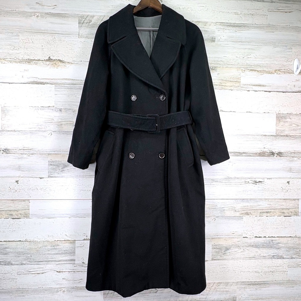 Takeo Kikuchi Vintage 80s Wool Trench Coat Womens 2/ US M Black Belted Wool Chic